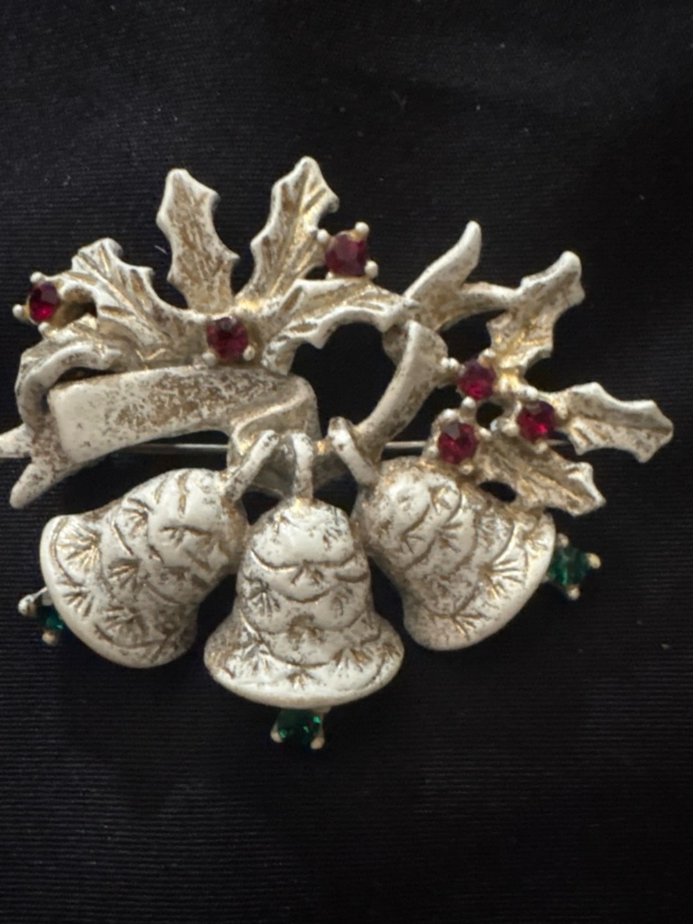 Silver-Tone Holiday Bell Brooch with Red and Green Accents